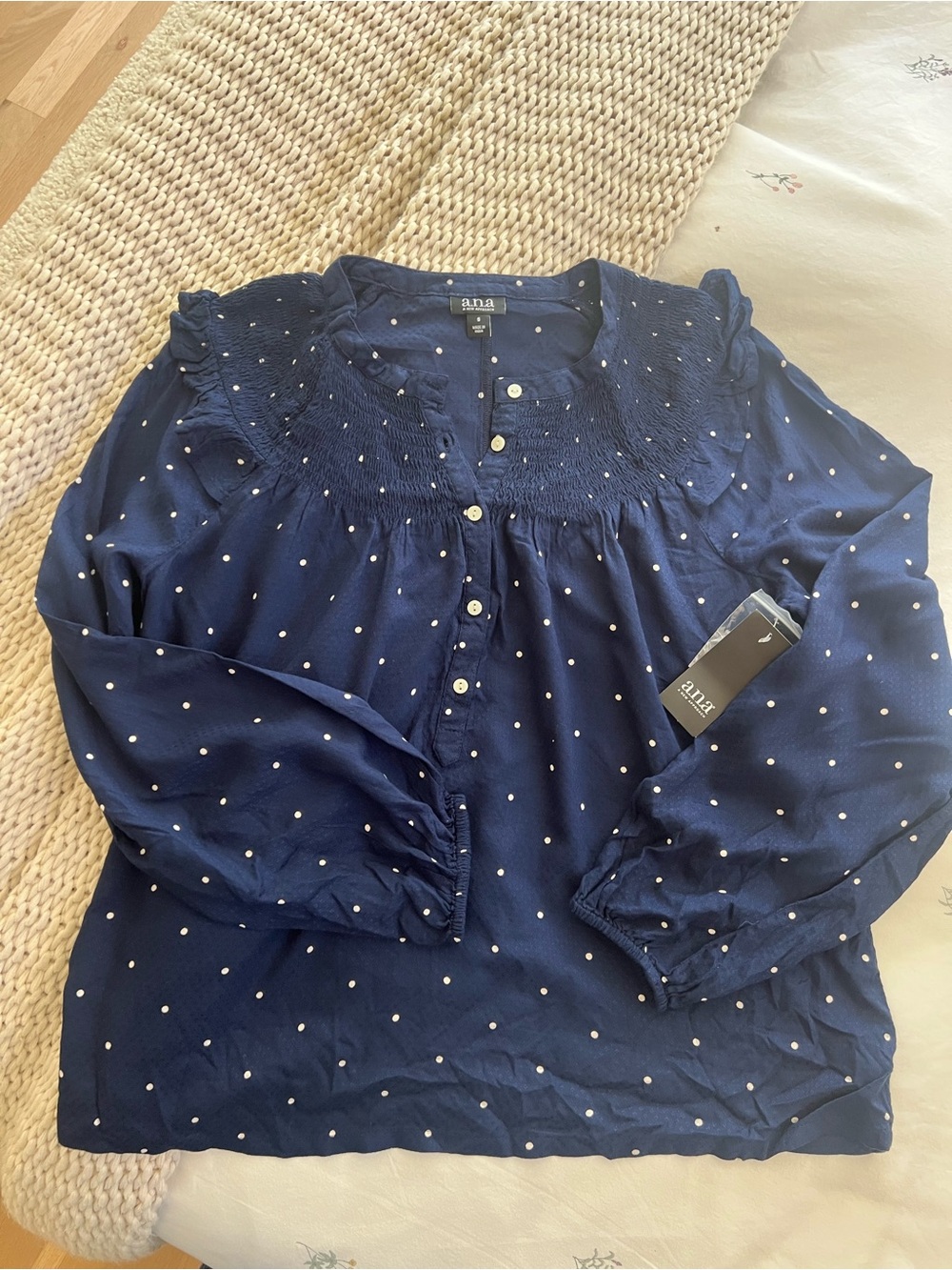 a.n.a Navy Blue Polka Dot Smocked Yoke Button-Front Blouse